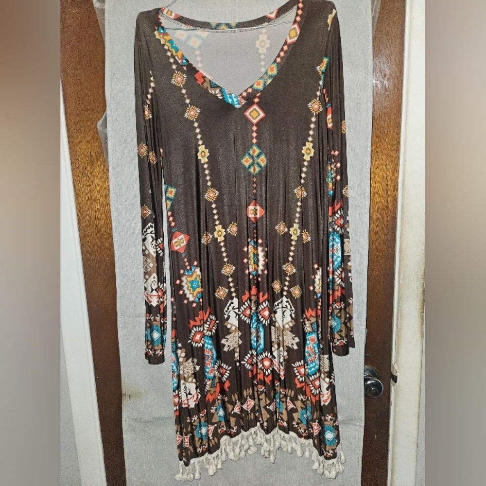 Bohemian Long Sleeve Dress - Brown Multicolor